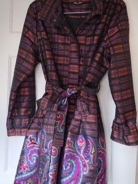 Samual Dong Colorful Plaid Trench Coat with Paisley Hem